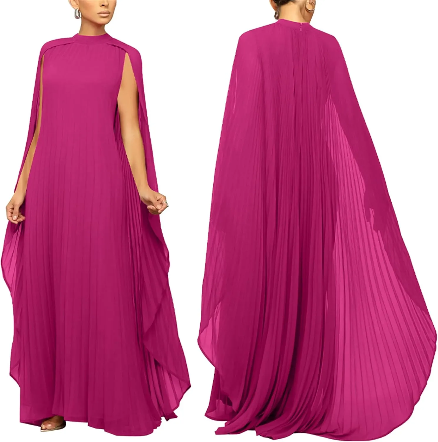 Seltaon Women's Chiffon Pleated Flowy Maxi Dresses Cape Sleeve Pleated Cocktail Evening Party Dress