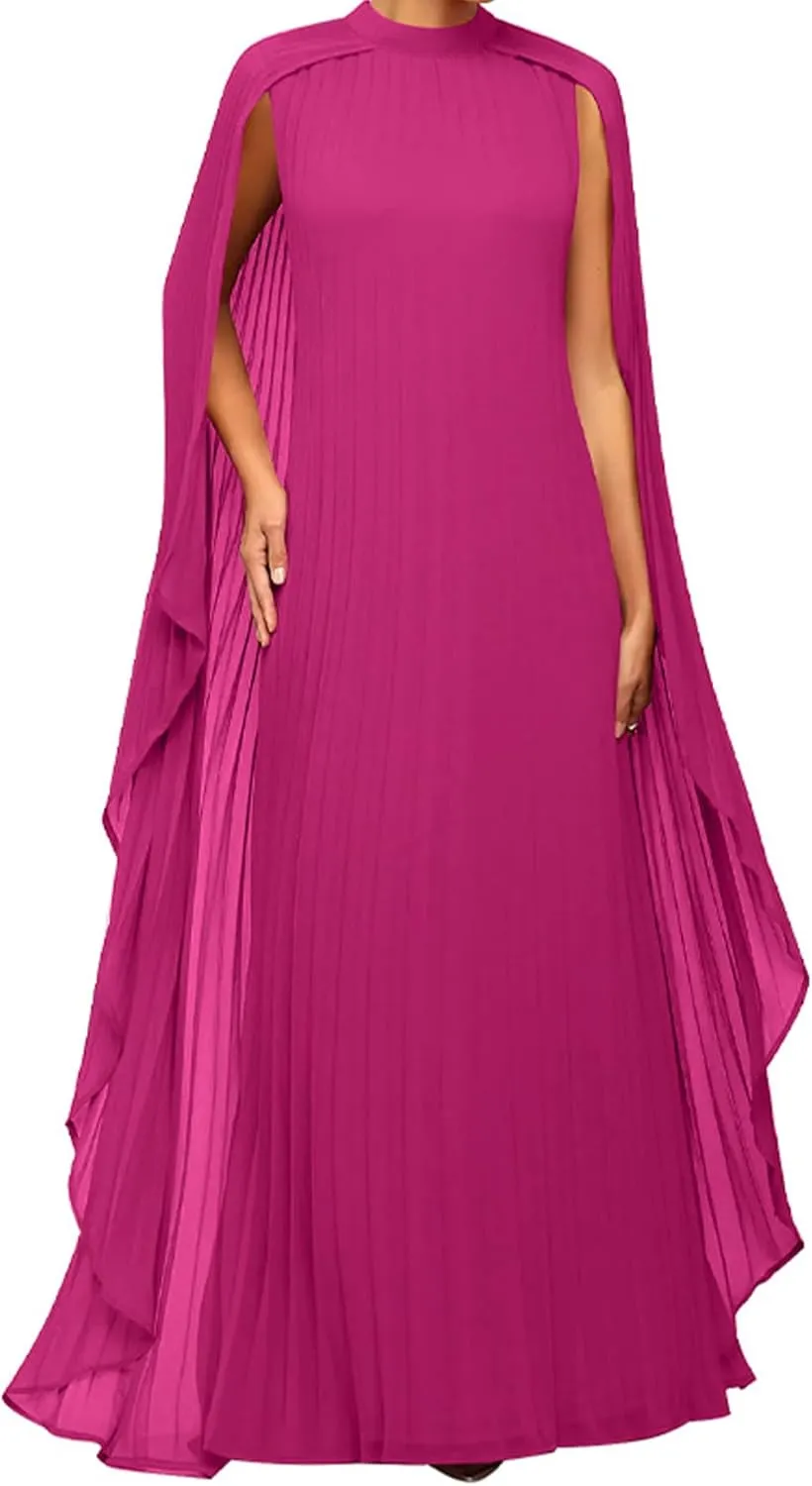 Seltaon Women's Chiffon Pleated Flowy Maxi Dresses Cape Sleeve Pleated Cocktail Evening Party Dress