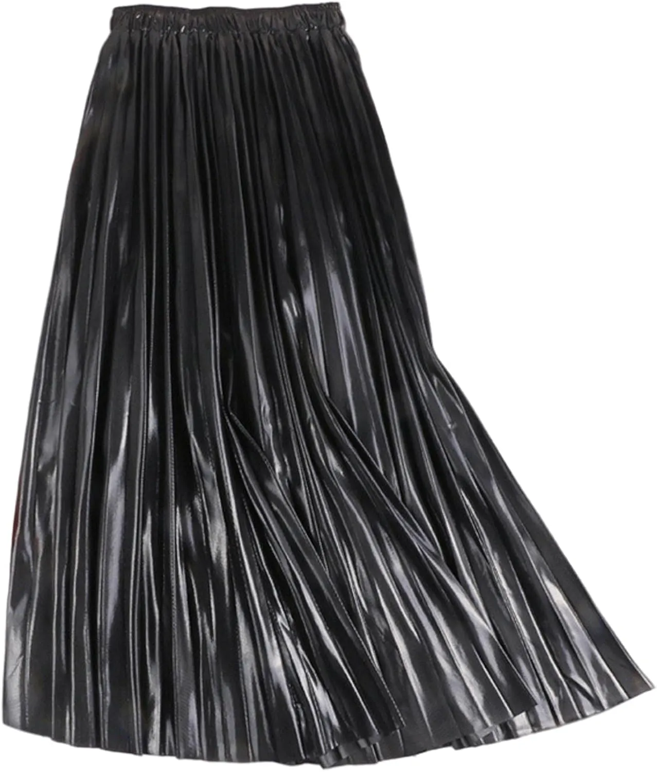 SEMATOMALA Women's Gold Pleated Maxi Skirt Accordion Elastic Waist Aline Swing Metallic Shiny Long Party Skirts