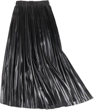 SEMATOMALA Women's Gold Pleated Maxi Skirt Accordion Elastic Waist Aline Swing Metallic Shiny Long Party Skirts
