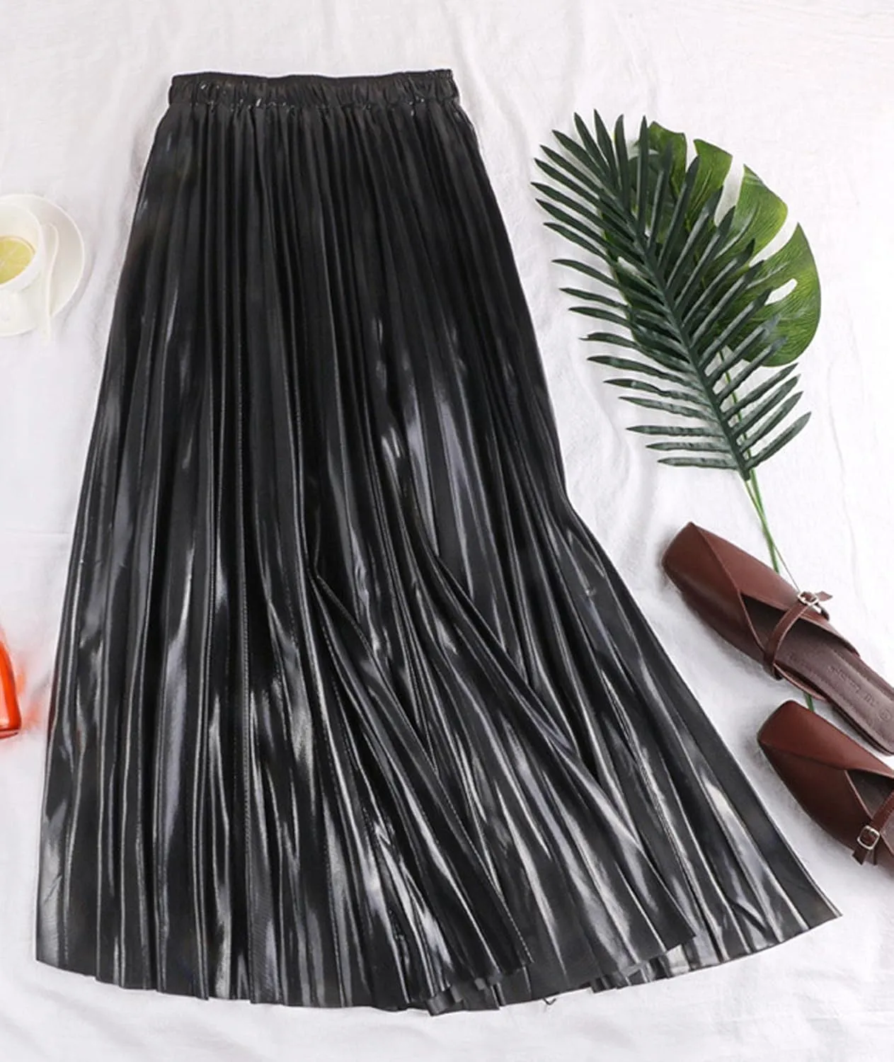 SEMATOMALA Women's Gold Pleated Maxi Skirt Accordion Elastic Waist Aline Swing Metallic Shiny Long Party Skirts