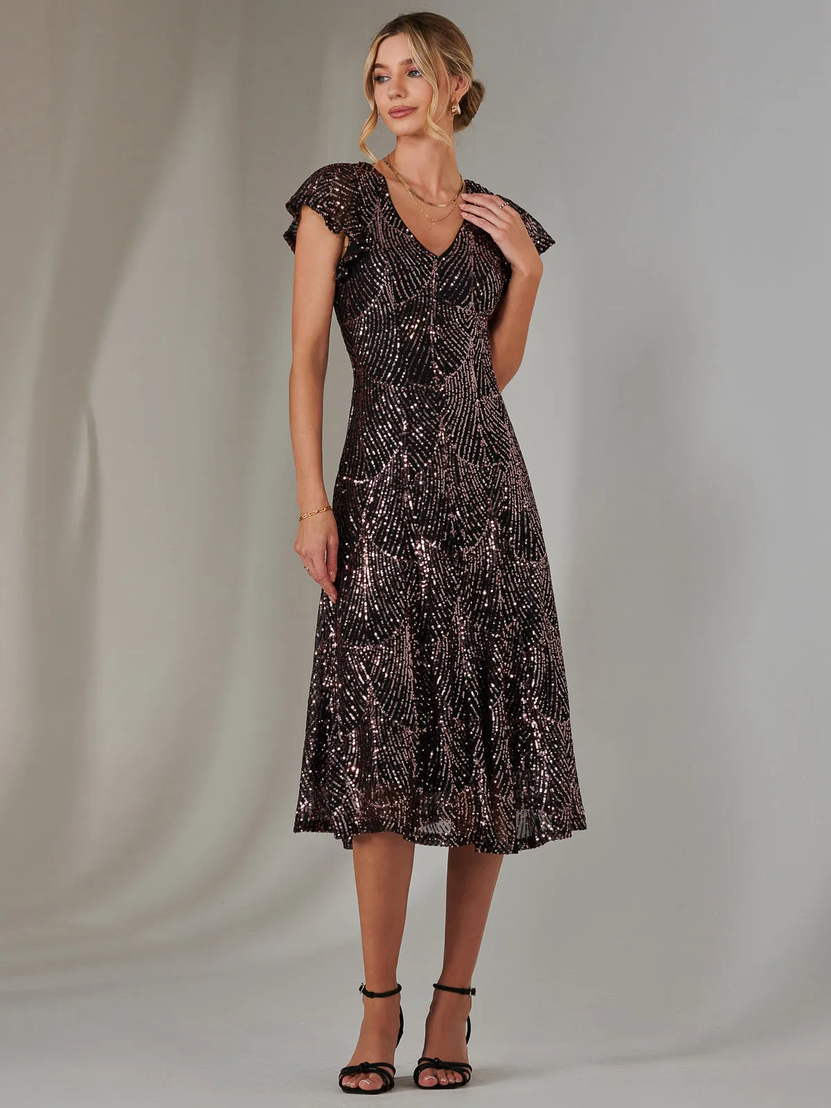 Sequin V Neck FIt & Flare Midaxi Dress, Black Rose Gold