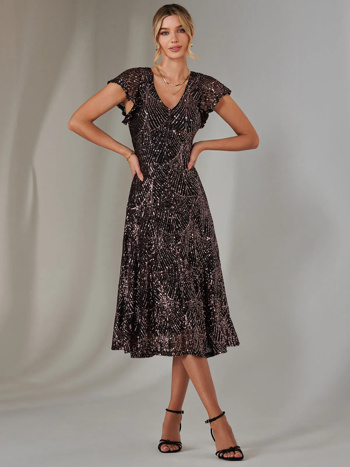 Sequin V Neck FIt & Flare Midaxi Dress, Black Rose Gold