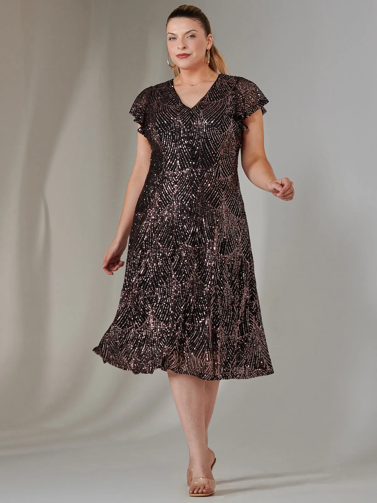 Sequin V Neck FIt & Flare Midaxi Dress, Black Rose Gold