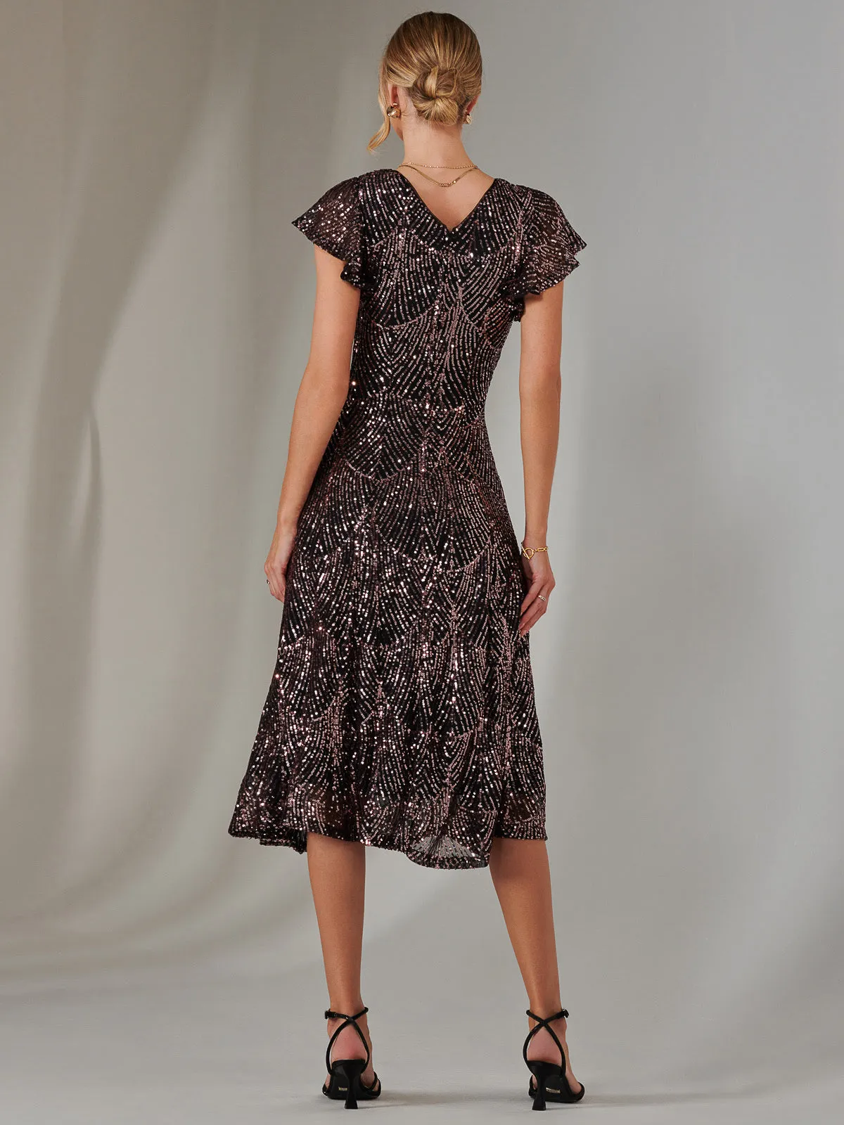 Sequin V Neck FIt & Flare Midaxi Dress, Black Rose Gold