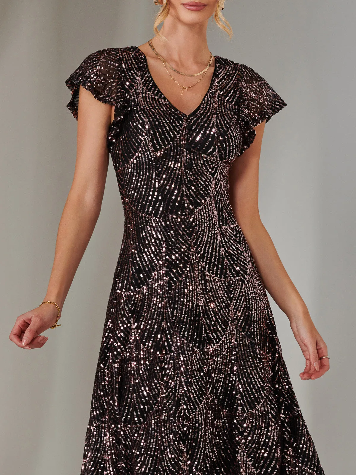 Sequin V Neck FIt & Flare Midaxi Dress, Black Rose Gold