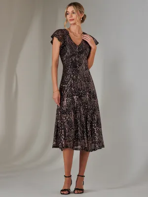 Sequin V Neck FIt & Flare Midaxi Dress, Black Rose Gold