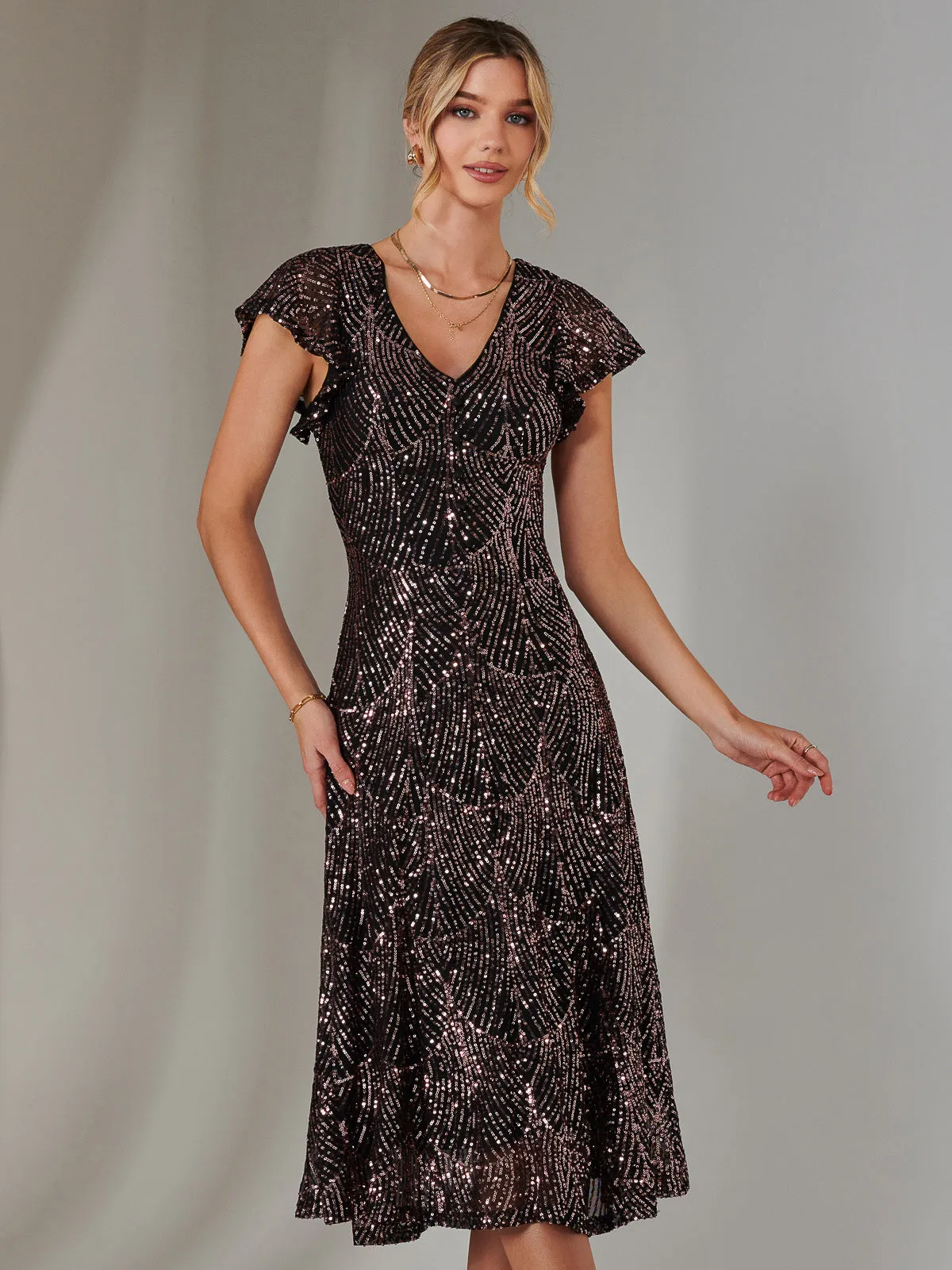 Sequin V Neck FIt & Flare Midaxi Dress, Black Rose Gold
