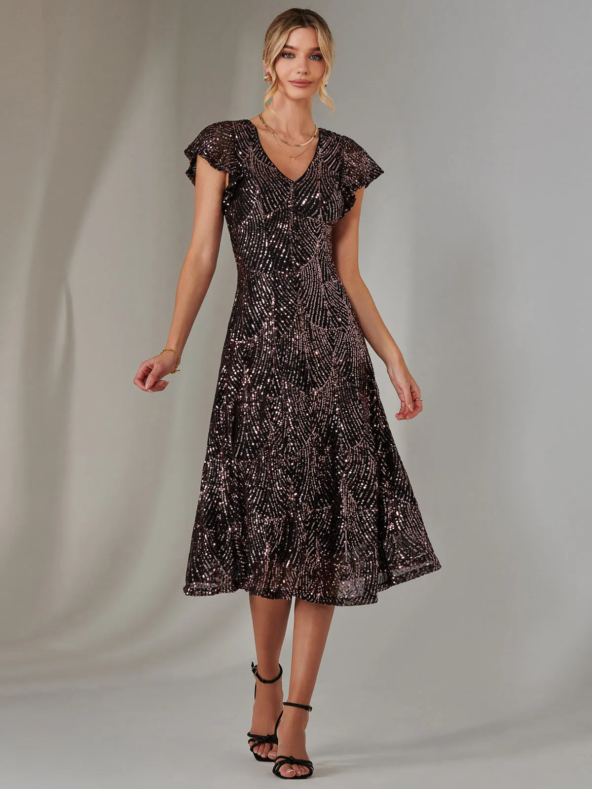 Sequin V Neck FIt & Flare Midaxi Dress, Black Rose Gold