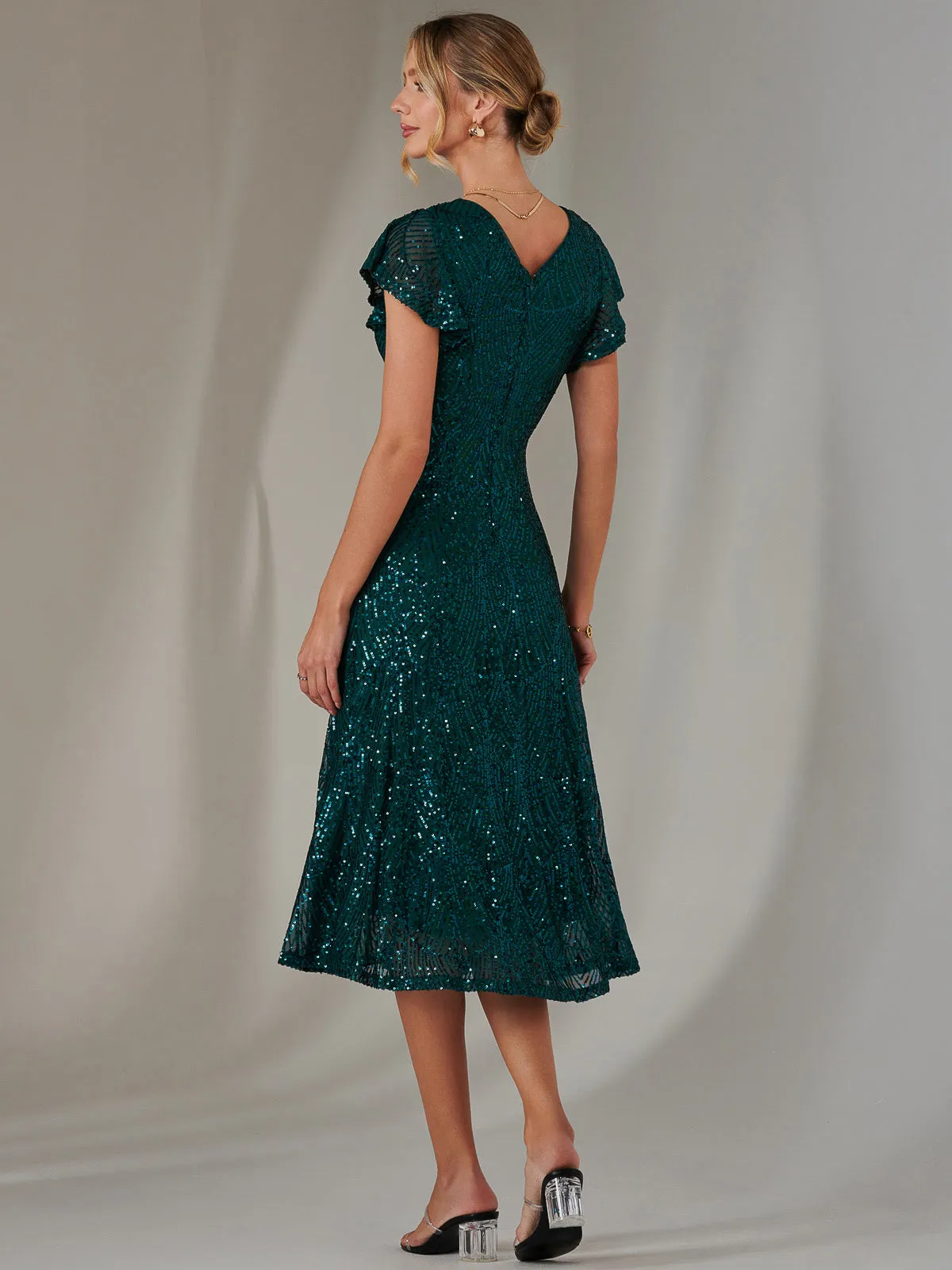 Sequin V Neck FIt & Flare Midaxi Dress, Green