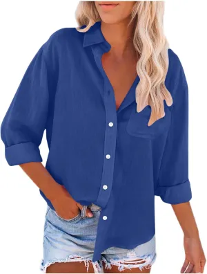 Shirts for Women Long Sleeve Button Down Top Pocket Collared Tunic Solid Loose Casual Daily Womens Fashion Blouses