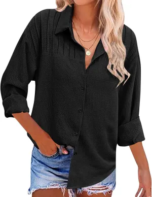 Shirts for Women Long Sleeve Button Down Top Pocket Collared Tunic Solid Loose Casual Daily Womens Fashion Blouses