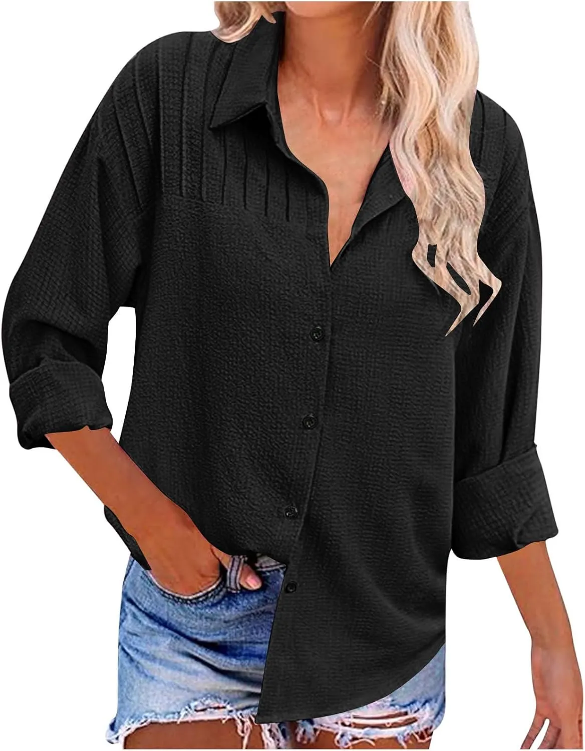 Shirts for Women Long Sleeve Button Down Top Pocket Collared Tunic Solid Loose Casual Daily Womens Fashion Blouses