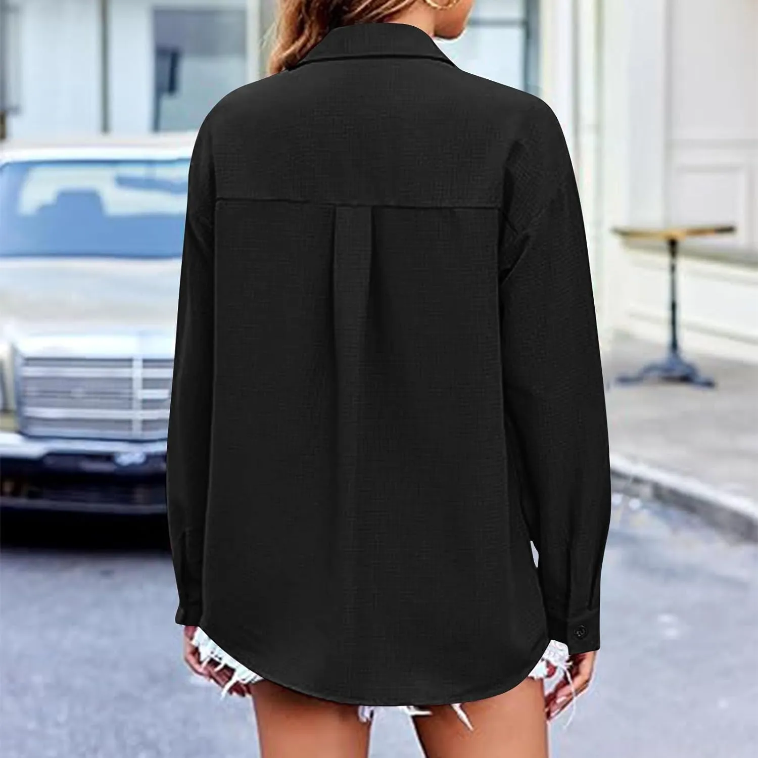 Shirts for Women Long Sleeve Button Down Top Pocket Collared Tunic Solid Loose Casual Daily Womens Fashion Blouses