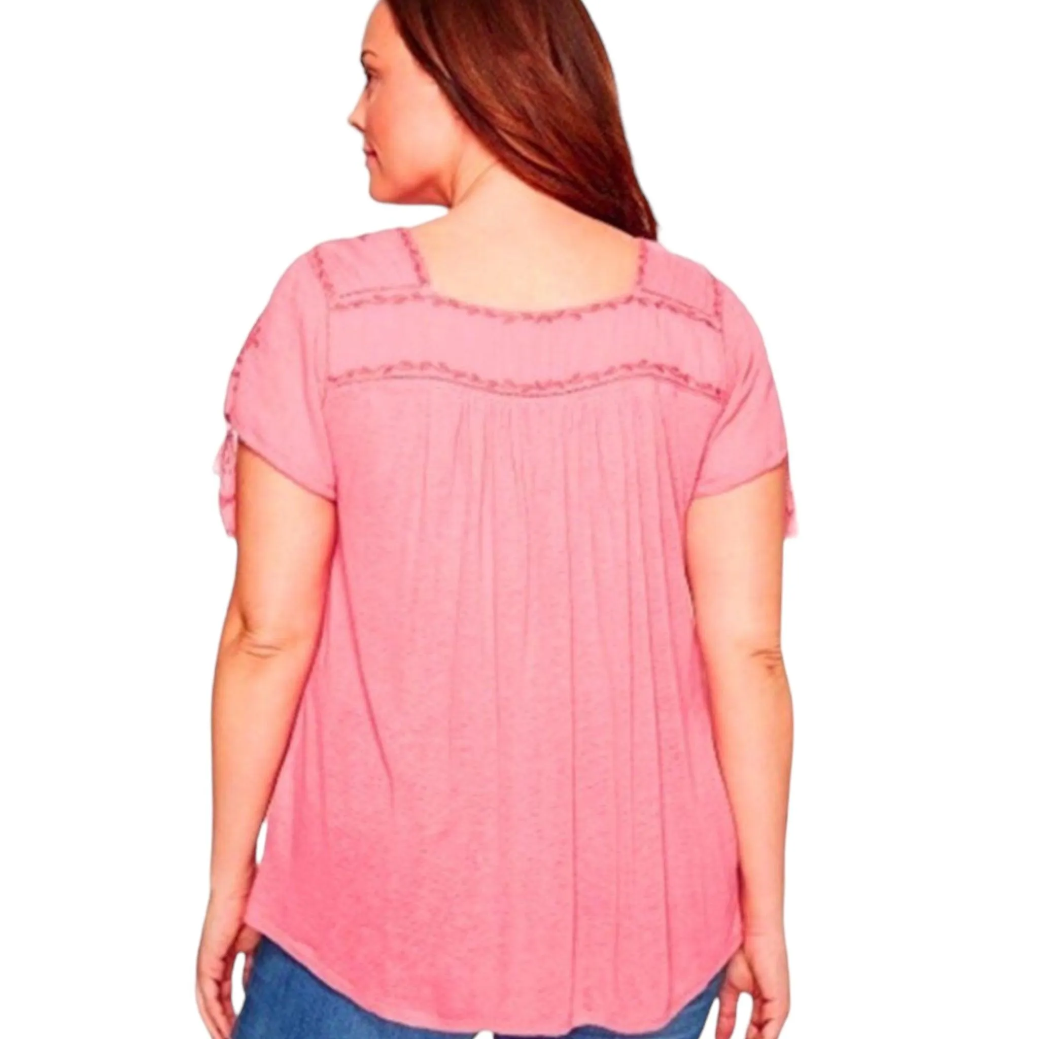 Short Sleeve Embroidery Beaded Peasant Top