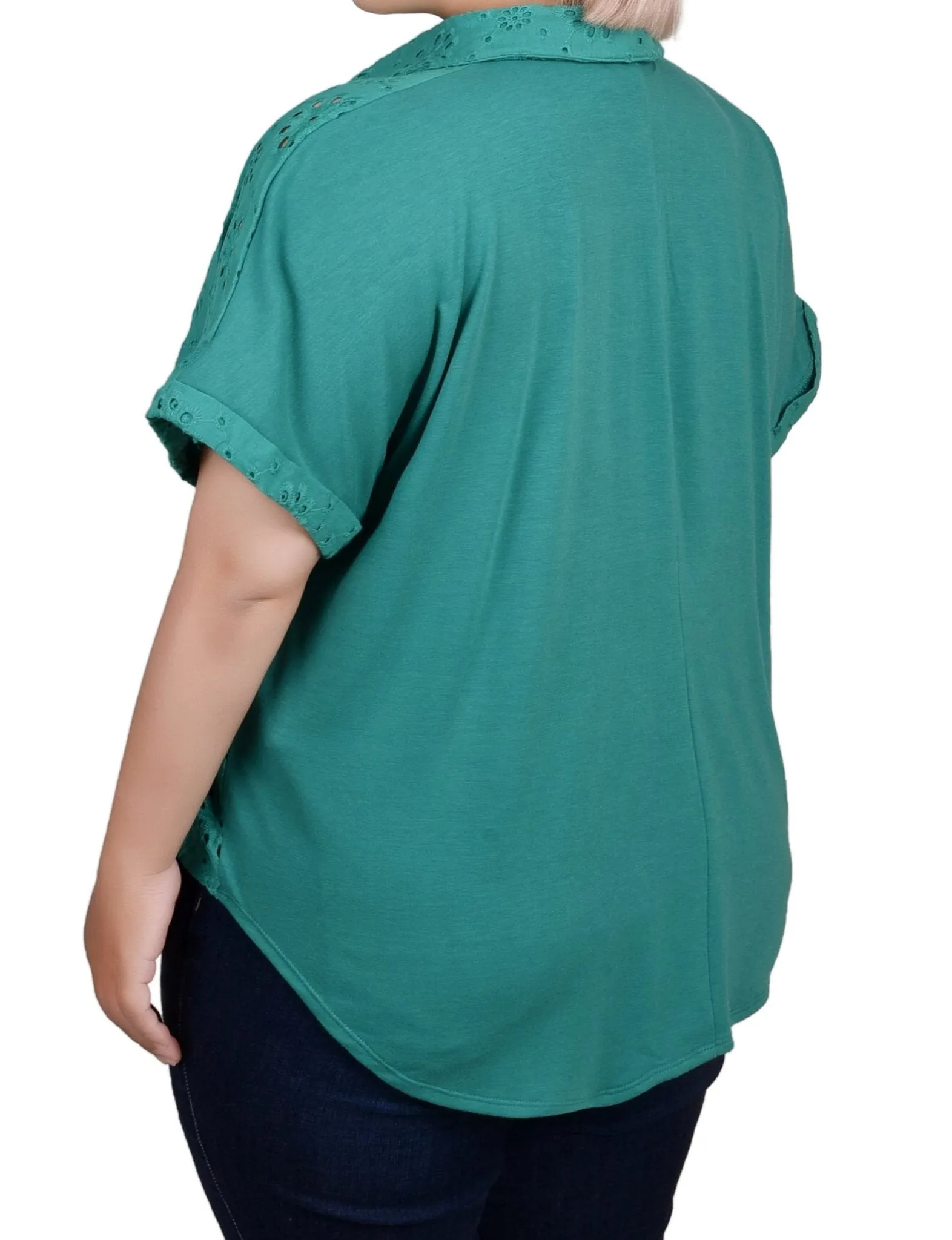 Short Sleeve Eyelet/Jersey Blouse - Plus