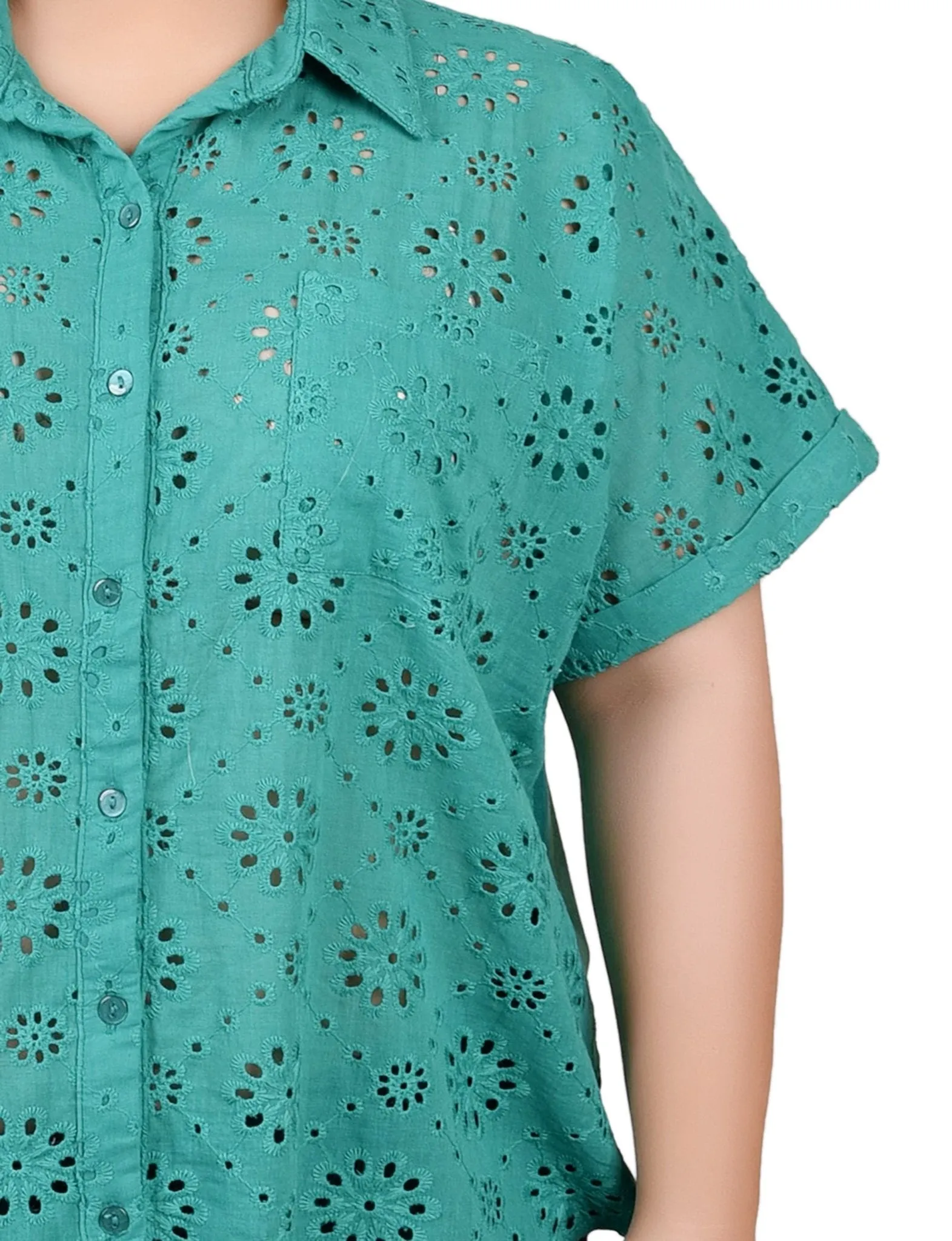 Short Sleeve Eyelet/Jersey Blouse - Plus