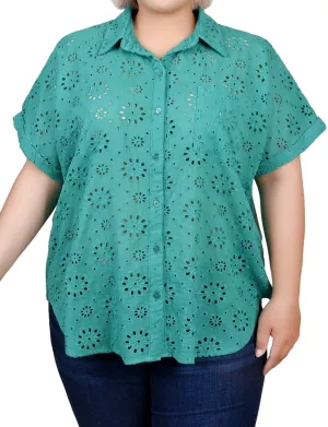 Short Sleeve Eyelet/Jersey Blouse - Plus