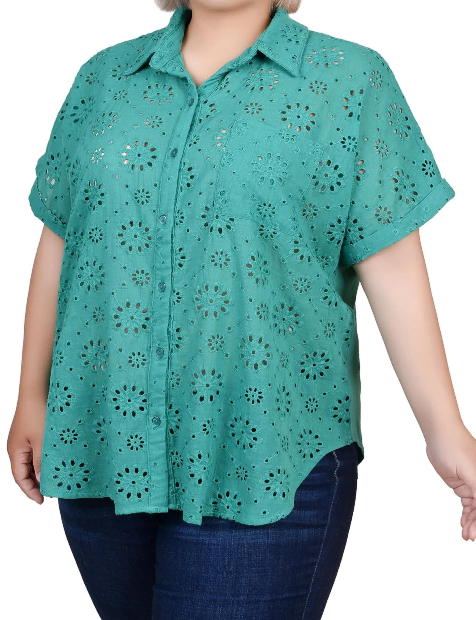 Short Sleeve Eyelet/Jersey Blouse - Plus
