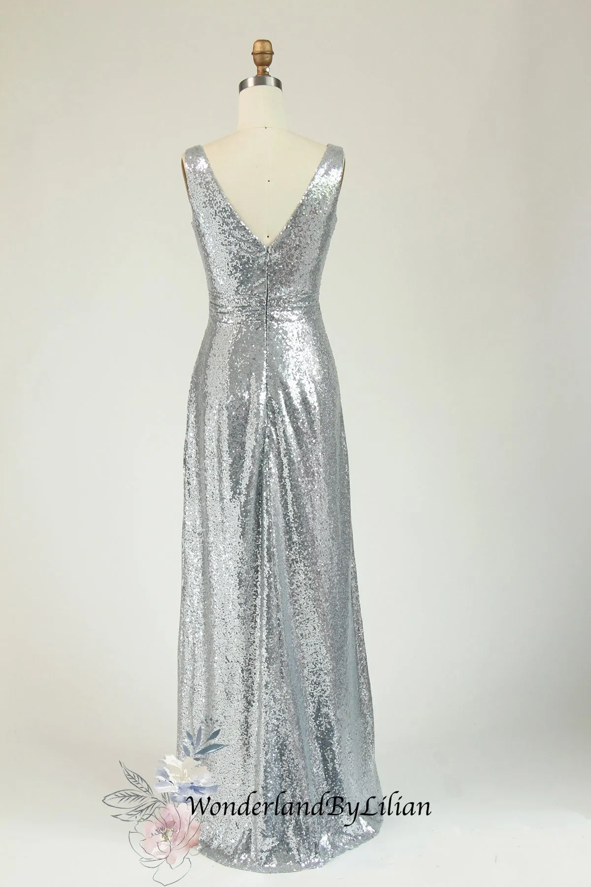 Silver Metallic Sequin V-Neck Bridesmaid Dress with Ruching - Designer Bridesmaids Dresses - Multiple Color - Plus Size