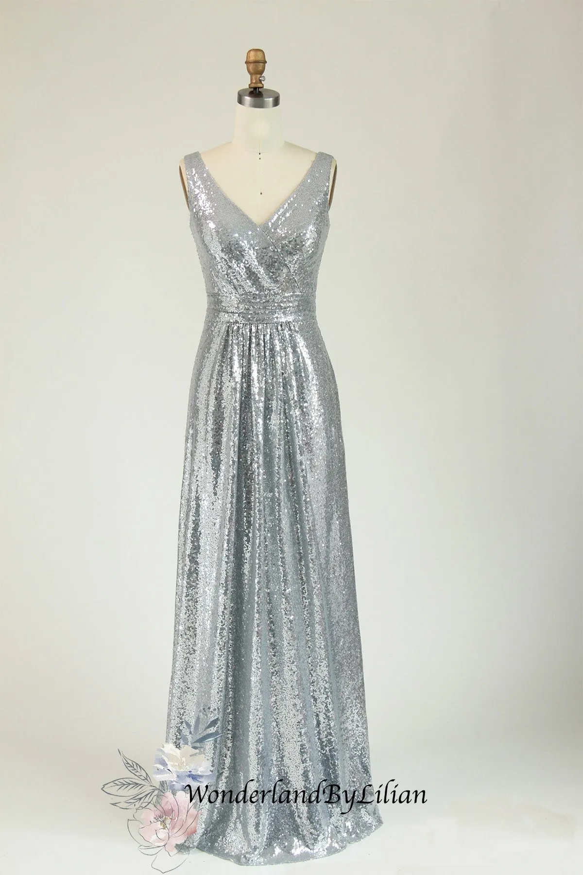 Silver Metallic Sequin V-Neck Bridesmaid Dress with Ruching - Designer Bridesmaids Dresses - Multiple Color - Plus Size
