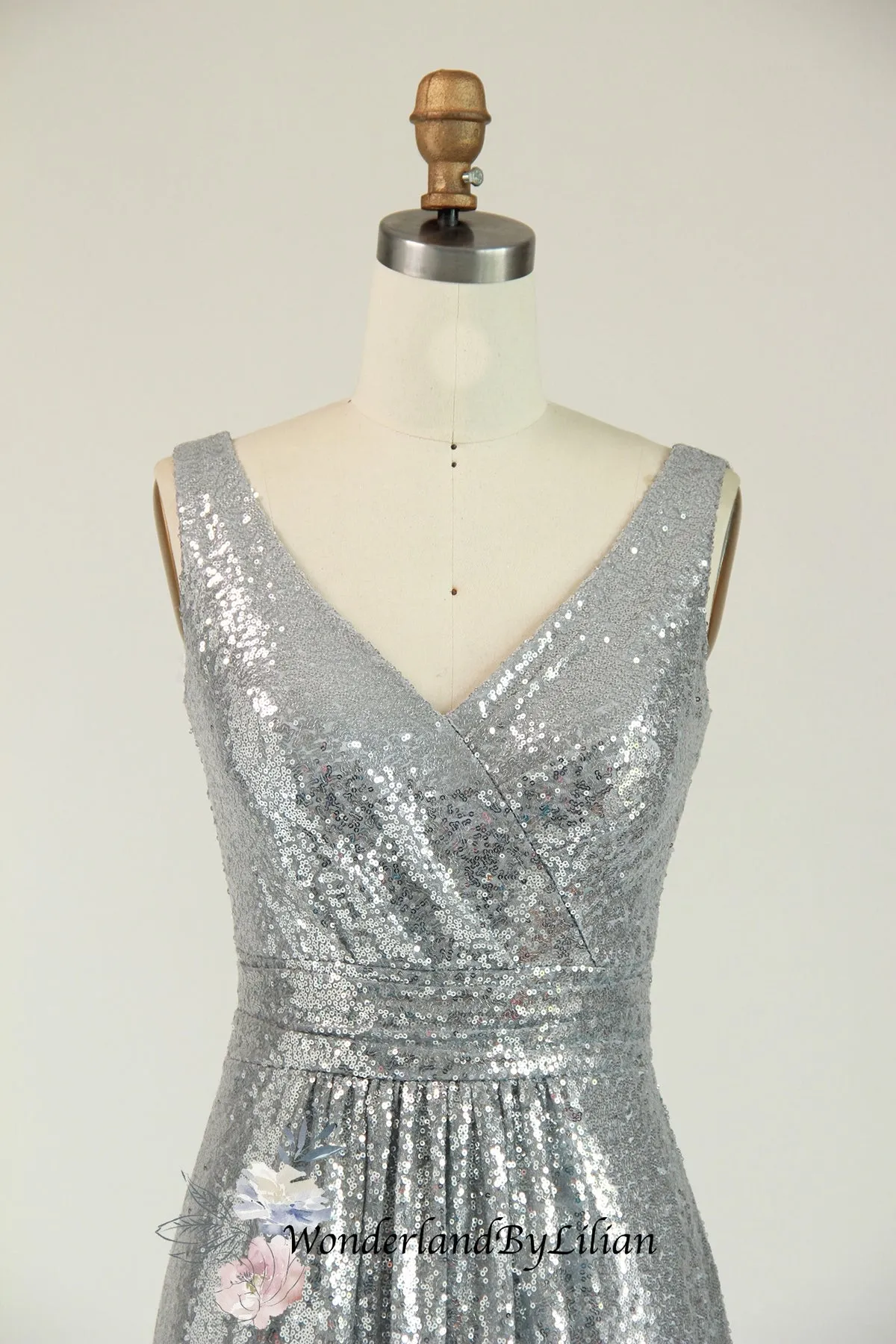 Silver Metallic Sequin V-Neck Bridesmaid Dress with Ruching - Designer Bridesmaids Dresses - Multiple Color - Plus Size