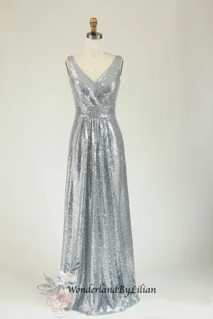 Silver Metallic Sequin V-Neck Bridesmaid Dress with Ruching - Designer Bridesmaids Dresses - Multiple Color - Plus Size