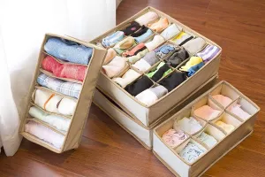 Simplized Closet Underwear Organizer, 4 Pack, Beige | Collapsible Foldable Cloth Storage Box, Dresser Drawer Organizer Divider Set Cube Basket Bins Containers for Lingerie, Clothes, Bras, Socks, Ties,