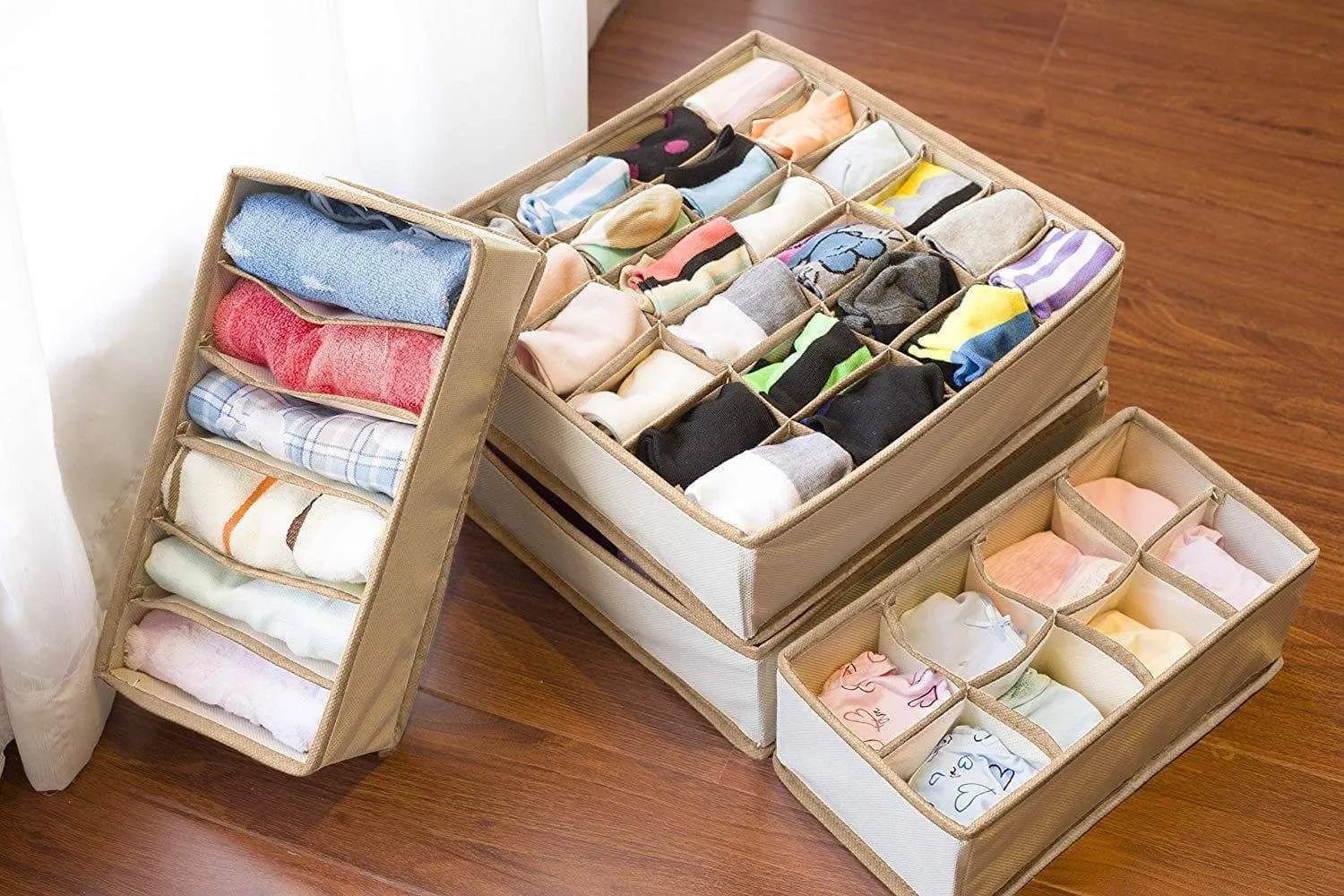 Simplized Closet Underwear Organizer, 4 Pack, Beige | Collapsible Foldable Cloth Storage Box, Dresser Drawer Organizer Divider Set Cube Basket Bins Containers for Lingerie, Clothes, Bras, Socks, Ties,
