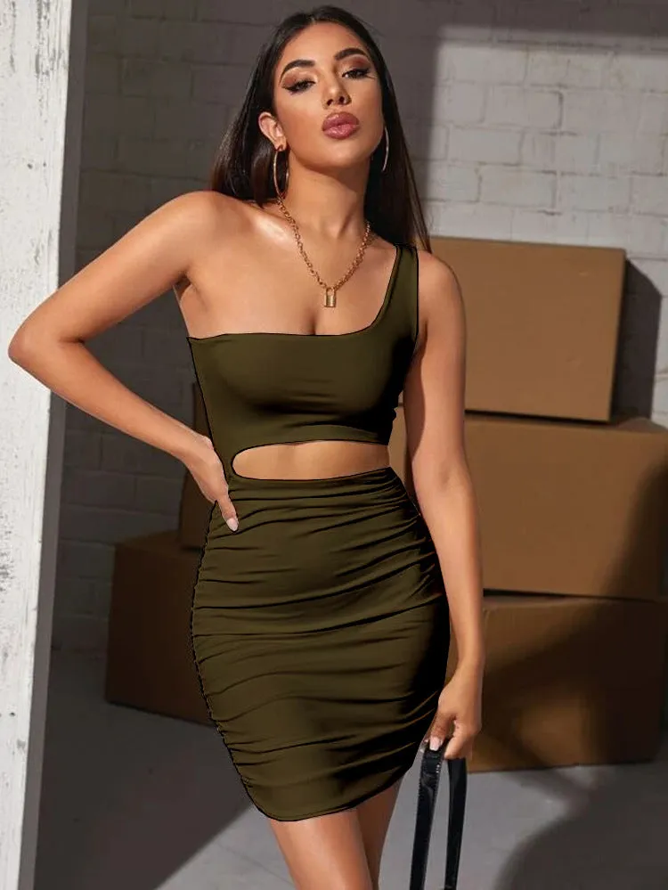 Sleeveless Cross-Shoulder Hole-Shoulder Pleated Stretch Tight Dress