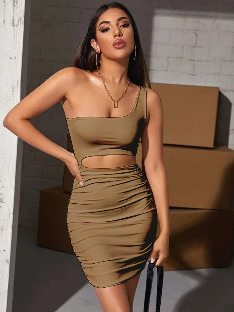 Sleeveless Cross-Shoulder Hole-Shoulder Pleated Stretch Tight Dress
