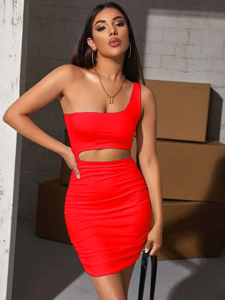 Sleeveless Cross-Shoulder Hole-Shoulder Pleated Stretch Tight Dress