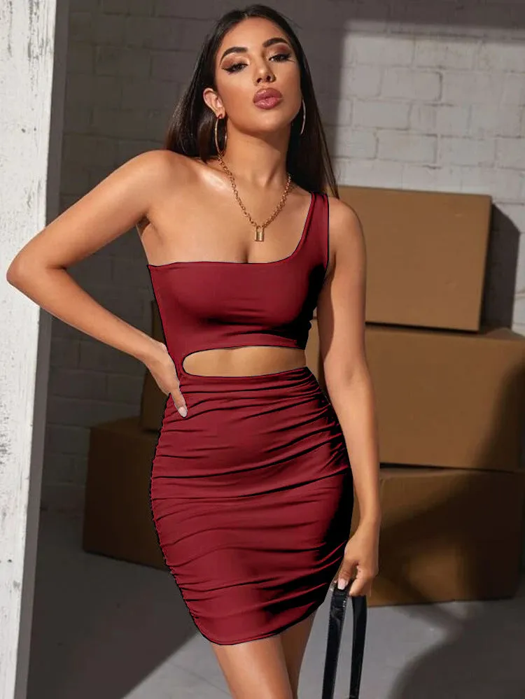 Sleeveless Cross-Shoulder Hole-Shoulder Pleated Stretch Tight Dress