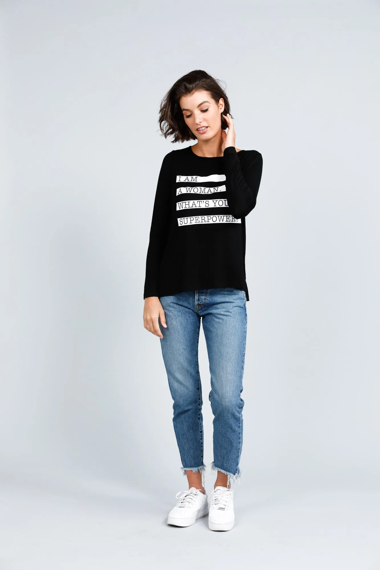 SLOGO LONG SLEEVED TOP  BLACK - I AM WOMAN - FINAL CLEARANCE