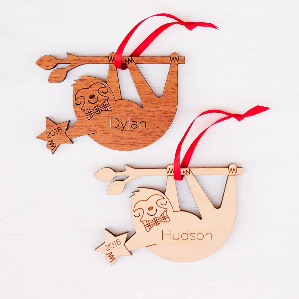Sloth Wooden Christmas Ornament - Personalized