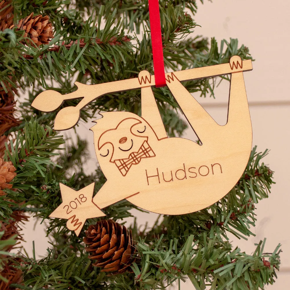 Sloth Wooden Christmas Ornament - Personalized