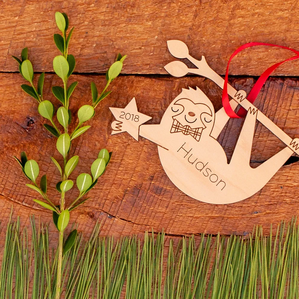Sloth Wooden Christmas Ornament - Personalized