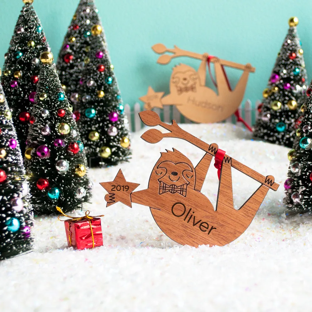 Sloth Wooden Christmas Ornament - Personalized