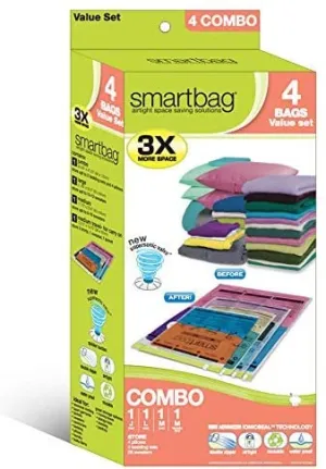 SmartBag Cube Instant Space Saver Storage - 4 Bags - Airtight Double Zipper - Vacuum Seal - for Clothing, Pillows, and More Organization
