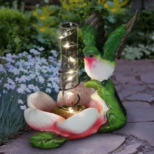 Solar Rain Gauge on Pink Flower with Hummingbird Garden Statuary, 7 Inch