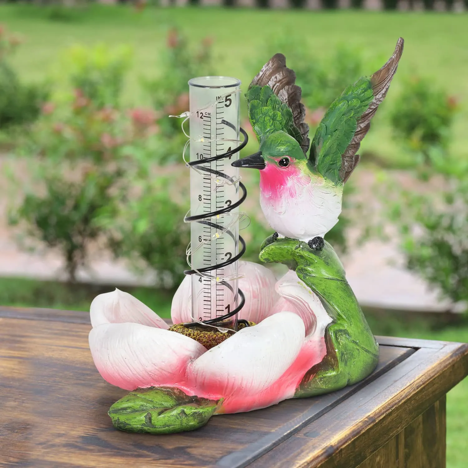 Solar Rain Gauge on Pink Flower with Hummingbird Garden Statuary, 7 Inch