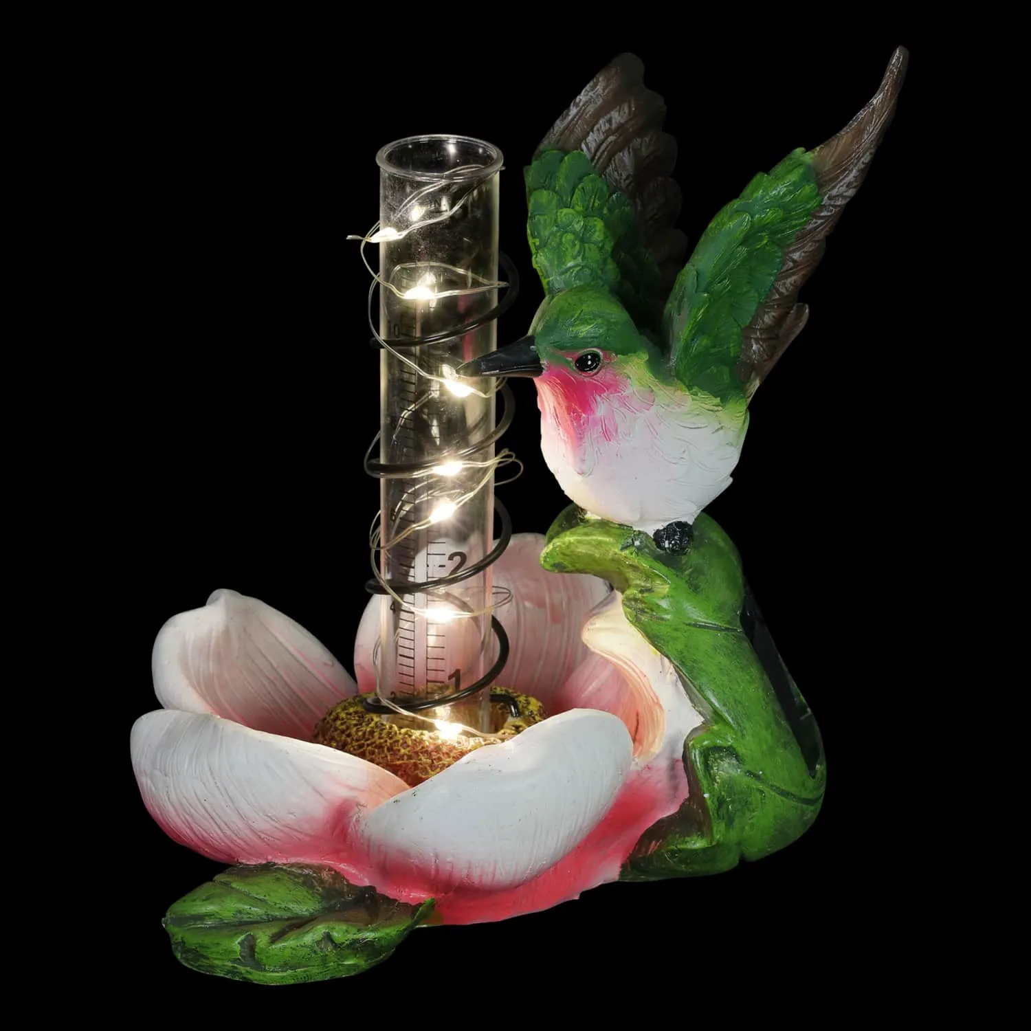 Solar Rain Gauge on Pink Flower with Hummingbird Garden Statuary, 7 Inch