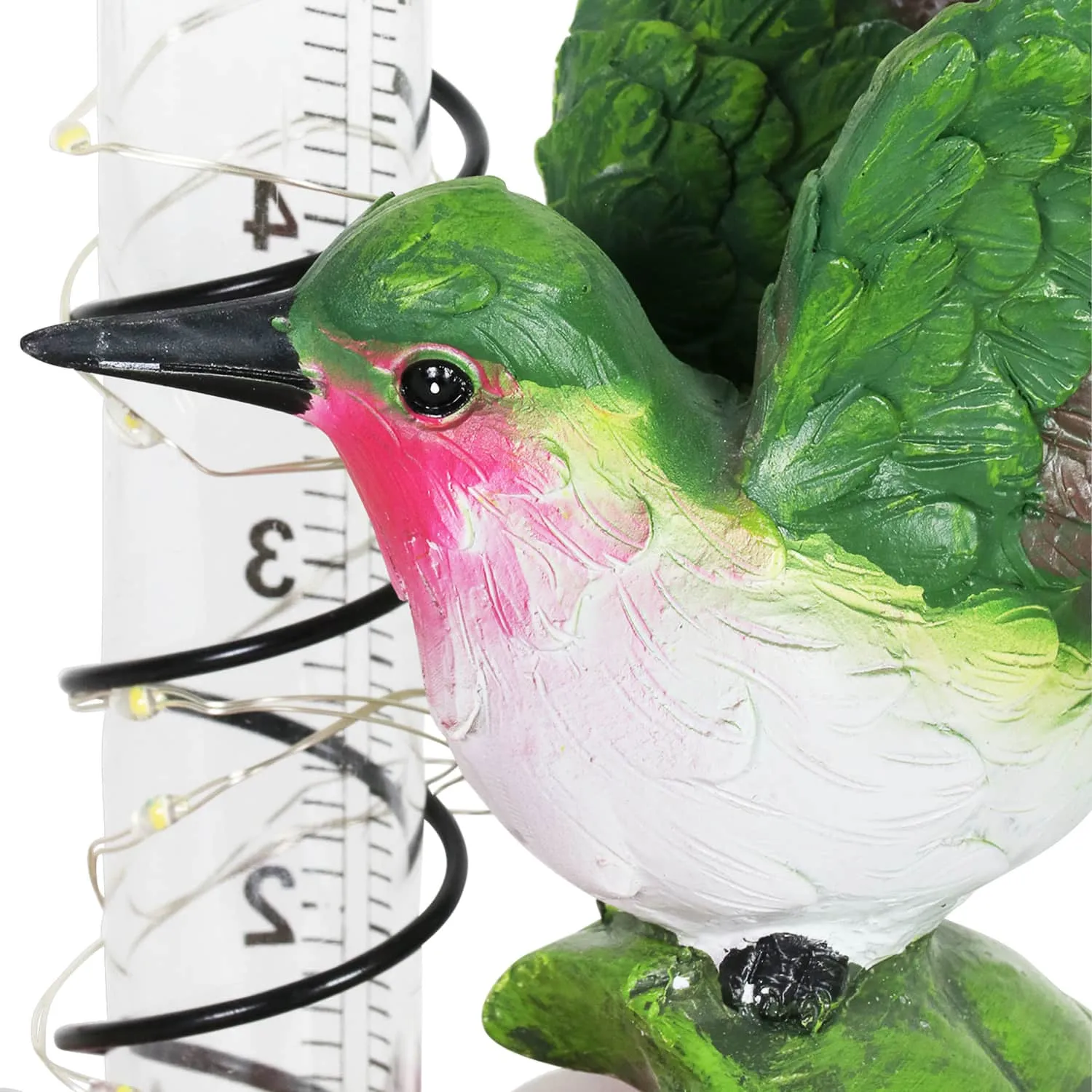 Solar Rain Gauge on Pink Flower with Hummingbird Garden Statuary, 7 Inch