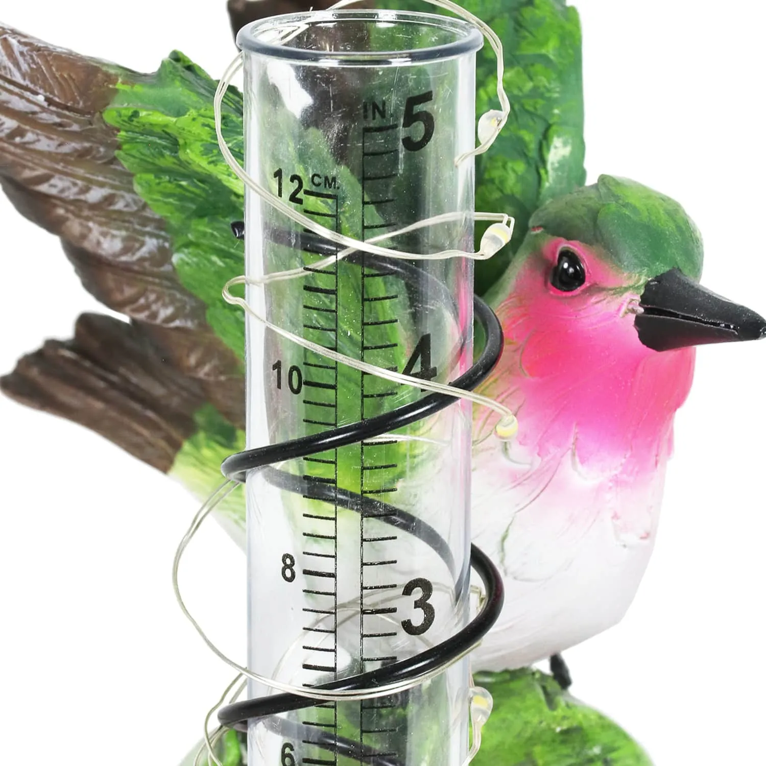 Solar Rain Gauge on Pink Flower with Hummingbird Garden Statuary, 7 Inch