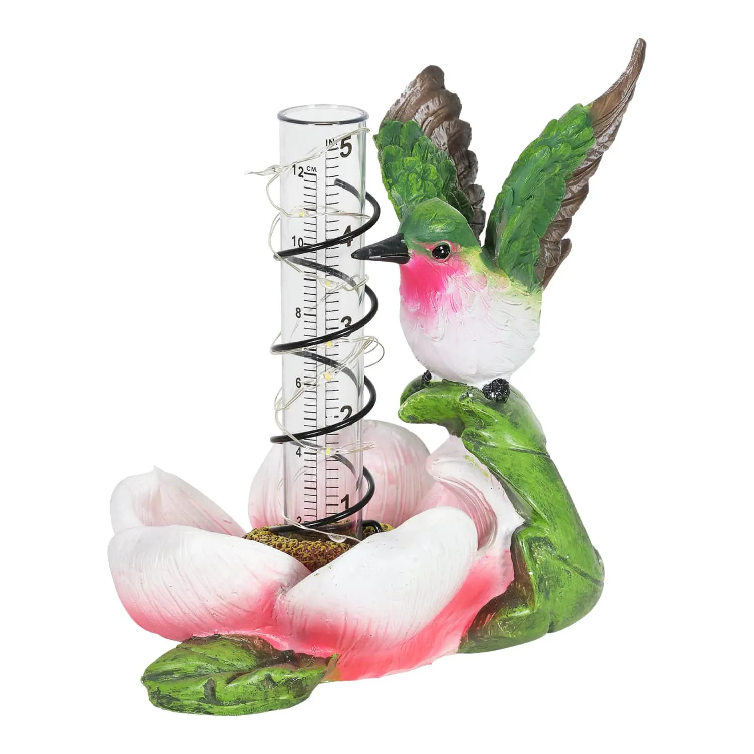 Solar Rain Gauge on Pink Flower with Hummingbird Garden Statuary, 7 Inch