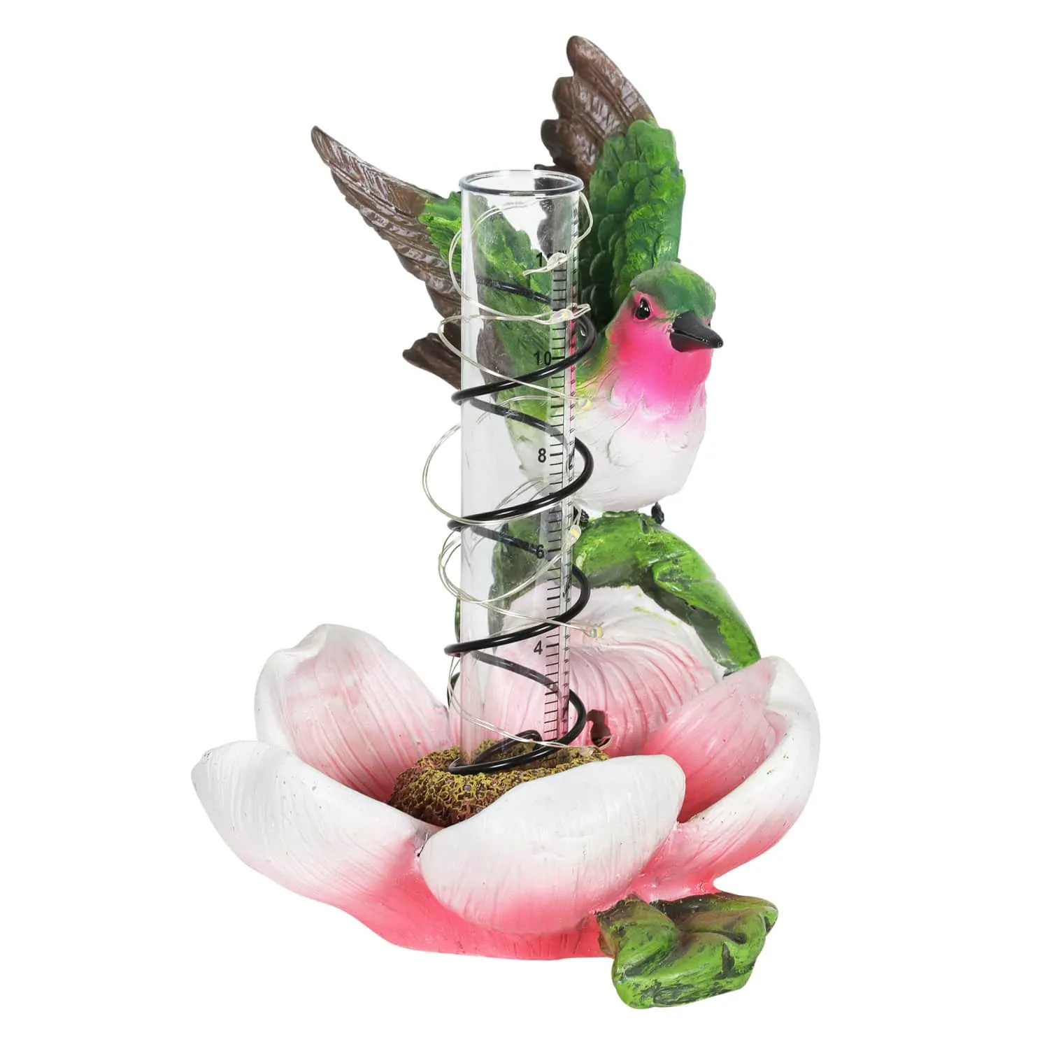 Solar Rain Gauge on Pink Flower with Hummingbird Garden Statuary, 7 Inch
