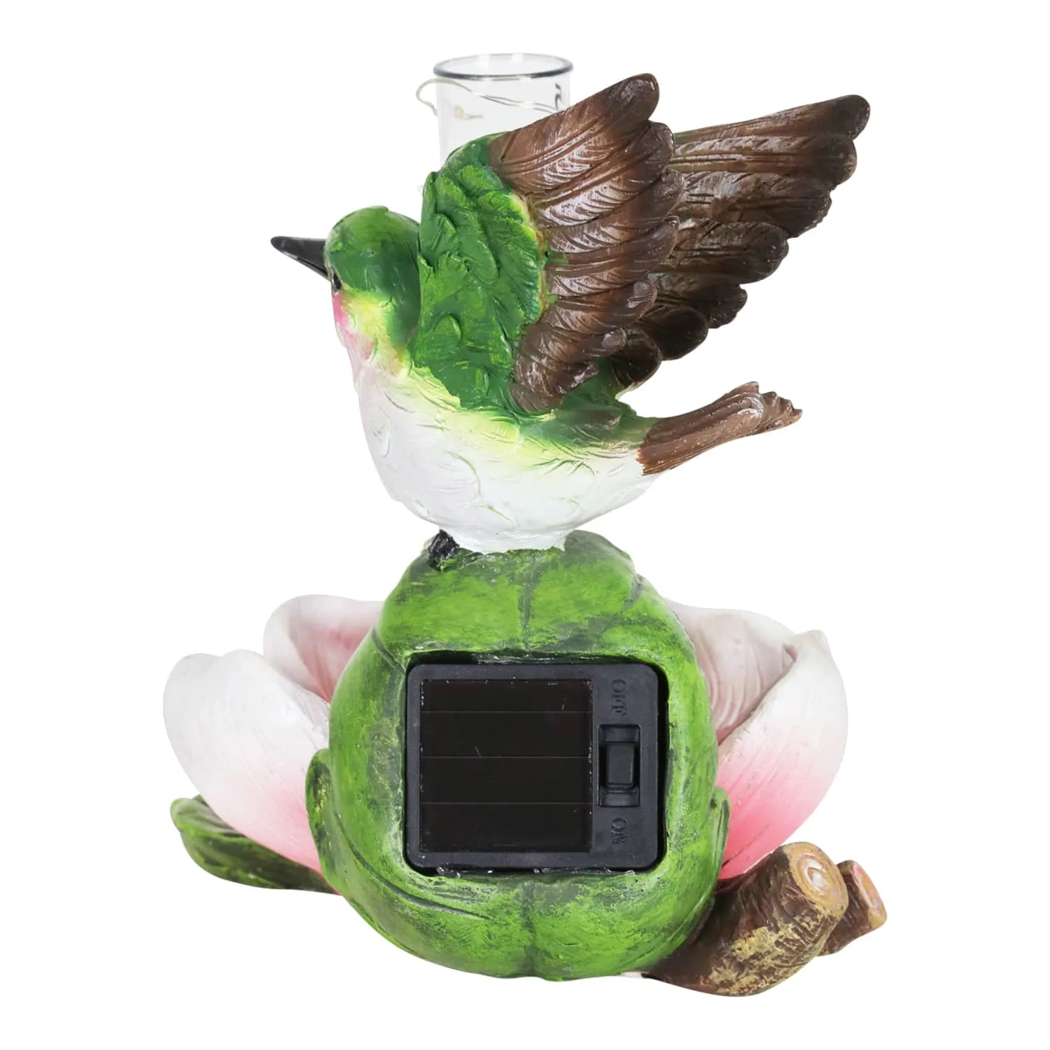 Solar Rain Gauge on Pink Flower with Hummingbird Garden Statuary, 7 Inch