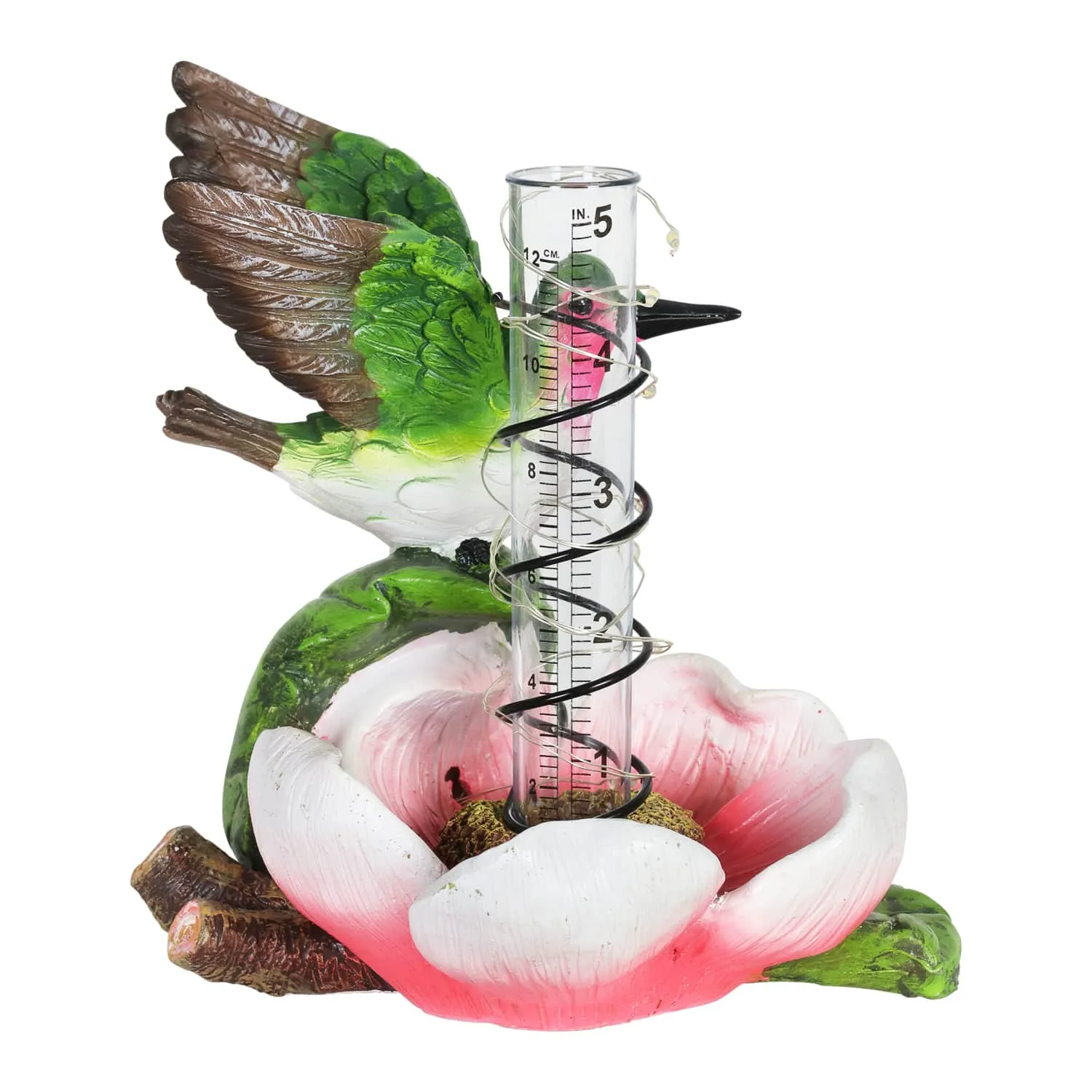 Solar Rain Gauge on Pink Flower with Hummingbird Garden Statuary, 7 Inch