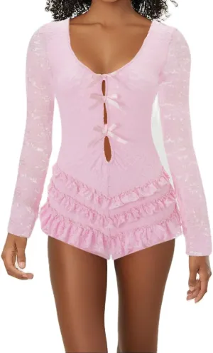 SOLILOQUY Women Sexy Hollow Out Lace Bodysuit Y2K Long Sleeve Bow Cutout Open Back Ruffle Tiered Mini Dress Party Clubwear