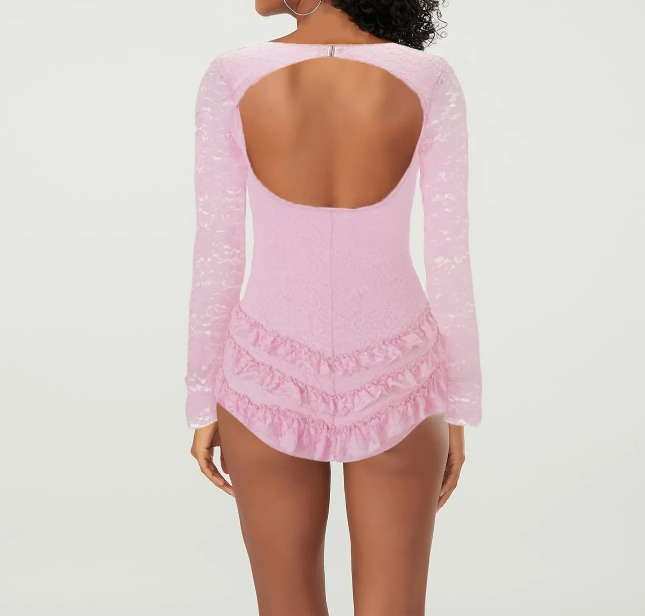 SOLILOQUY Women Sexy Hollow Out Lace Bodysuit Y2K Long Sleeve Bow Cutout Open Back Ruffle Tiered Mini Dress Party Clubwear